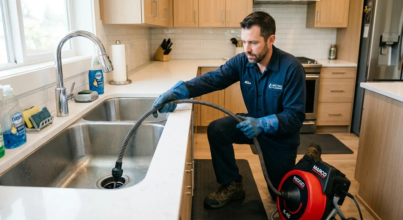 Drain cleaning technician using a motorized snake on a kitchen sink in Willistown