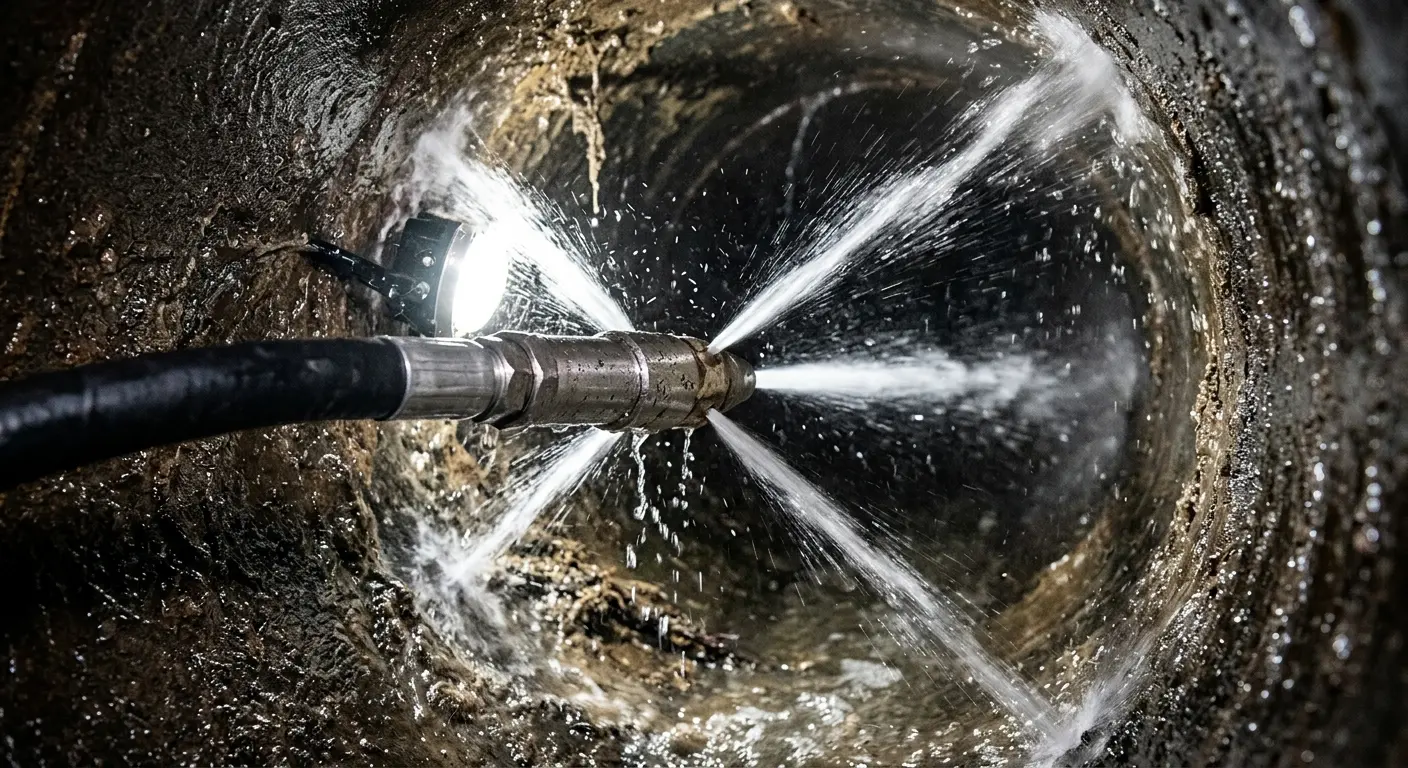 High-pressure hydro jetting nozzle cleaning sewer pipe for Storm Drain Cleaning in Willistown