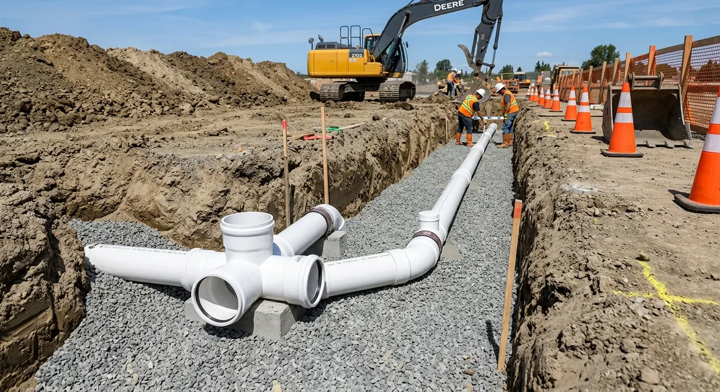 New PVC sewer pipe installation in open trench for Commercial Drain Cleaning in Willistown