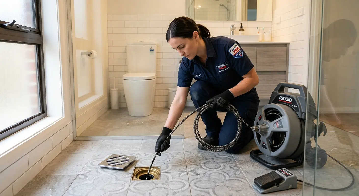 Technician clearing a bathroom floor drain for Sewer Line Installation in Willistown